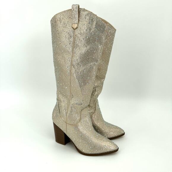 Top Moda Women's Rhinestone Bling Glitter Knee High Almond Western Boots Size 8 - Picture 1 of 10